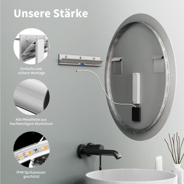 Круглий настінний дзеркало HOKO 60см з LED підсвічуванням, сенсорне управління, пам'ять, регулювання світла 2700-6500K (тепле/холодне/нейтральне), 60x60 см, срібло