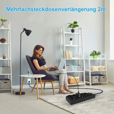 Многорозетка IECOPOWER з USB (PD 20W), захистом від перенапруги, 4000W/16A, 1050 Дж, 2 м, з вимикачем, чорна