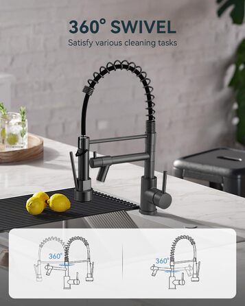 LED кухонний змішувач Warmiehomy з поворотним виливом 360°, 2 виходи, високий вигин, спіральна пружина, чорний