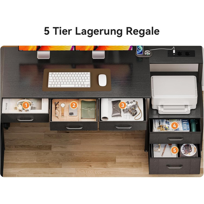 Комп'ютерний стіл Coleshome L-подібний з 5 ящиками та 4 полицями, 180x100 см, з LED-підсвічуванням, розетками та USB, для дому та офісу, білий/чорний