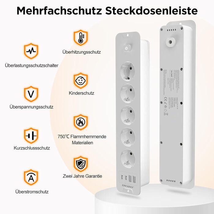 Мережевий адаптер з 2 USB-C (PD 20W) та 1 USB-A, 3 розетки з вимикачем, захист від перенапруги, кабель 1.5м (розподільник для столу)