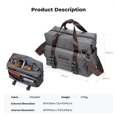 Сумка для камери K&F Concept, фотосумка для DSLR/SLR, сумка для фотографа з відділеннями для об'єктивів та аксесуарів, сіра
