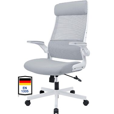 Ергономічне крісло для офісу з регульованою підголовником, сітчасте крісло для столу, відкидні підлокітники, широке сидіння, функція гойдання, комп'ютерне крісло EN 1335, офісне крісло 200 KG, сіре