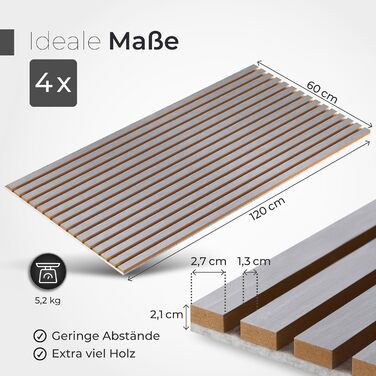 Акустичні настінні панелі з натурального дерева (набір 4 шт), 120x60x2.1 см, шпон груші, сірий акустичний фільц — 3D панелі для шумоізоляції та оздоблення стін