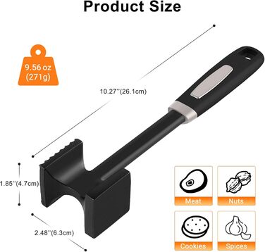 HOOMIL Fleischklopfer: подвійний молоток для відбивання м'яса з антипригарним покриттям, для шніцелів, стейків, сріблястий (квадратний, матовий чорний)