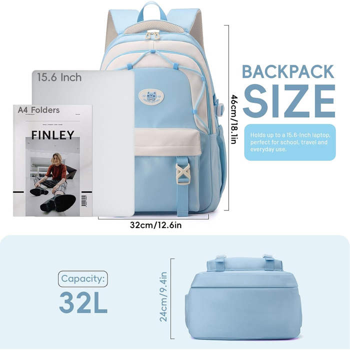 Рюкзак Tanou для школи, дівчаток-підлітків, 30L, нейлон, 3-9 клас, з тролейною петлею та брелоком (блакитний)