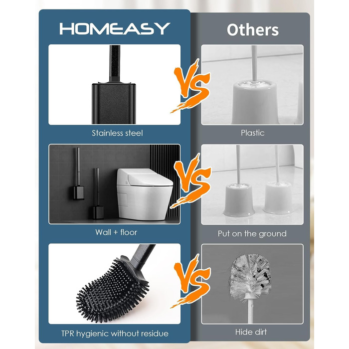 Силіконова щітка для унітазу Klobürste з нержавіючої сталі та контейнером, гнучка щітка для туалету, набір для кріплення на стіну без свердління, для ванної кімнати (чорний)