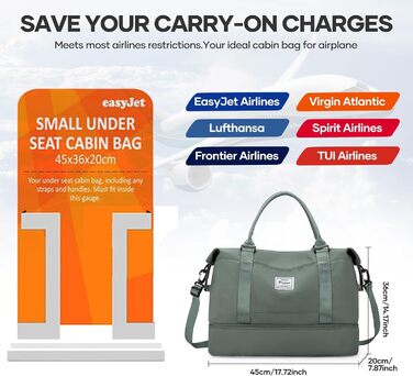 Спортивна сумка для жінок Easyjet 45x36x20 (32L) - водонепроникна дорожня сумка, фітнес-сумка з відділенням для взуття, сірий/армійський колір