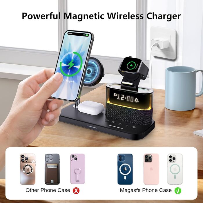 5-в-1 Бездротова зарядна станція з годинником та нічником для iPhone 17/16/15/14/13/12 Pro Max, Apple Watch, AirPods - 33W адаптер, білий