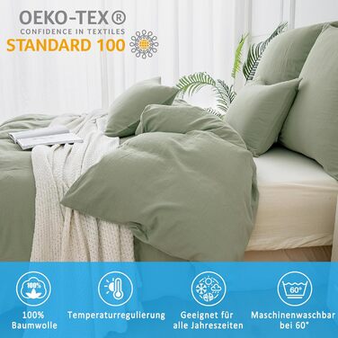 Комплект постільної білизни ATsense з двошарового мусліну 155x220 см, бавовна, 2 предмети, лляна текстура, наволочка 80x80 см, зелений шавлія, з блискавкою, сертифікат OEKO-TEX