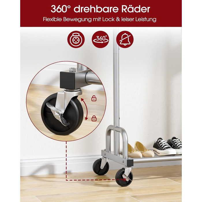 Вешалка для одягу на колесах, з полицею та широкою перекладиною, 116 x 43 x 150 см, сріблястого кольору