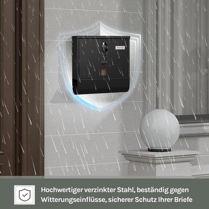 Поштовий ящик WOLTU з газетницею та вікном, персоналізований, замиканий, з 2 ключами, сучасний, 37x37x10.5 см, чорний