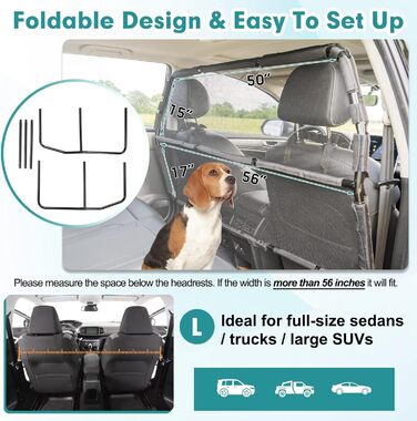 Бар'єр для собак у автомобілі, 142 см, для 2, 3 ряду сидінь та багажника, міцна сіткова перегородка для позашляховиків та вантажівок
