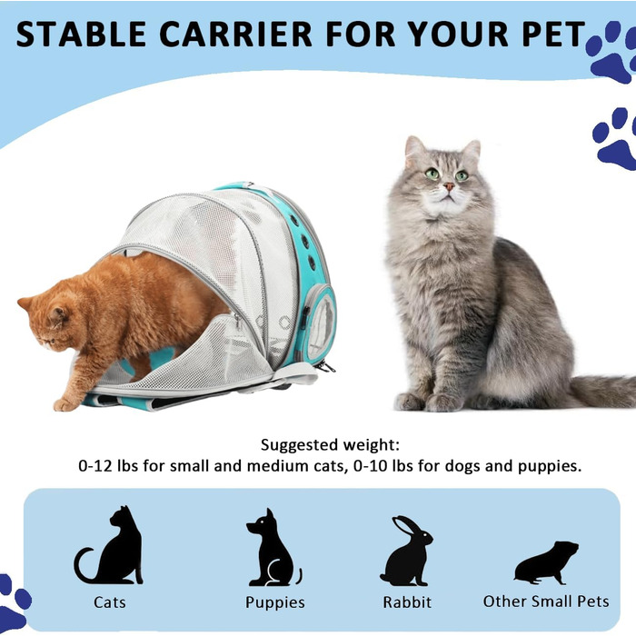 Рюкзак-переноска для котів та маленьких собак, розширюваний, з прозорим вікном та блискавкою, для подорожей та походів (розширювана спинка), блакитний