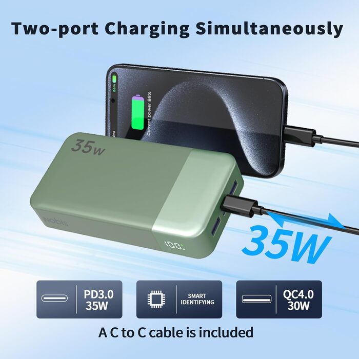 Power Bank Nobis 20000mAh з LED дисплеєм, 35W USB-C, 4 порти, для MacBook, iPhone 15, Samsung S23 (зелений)