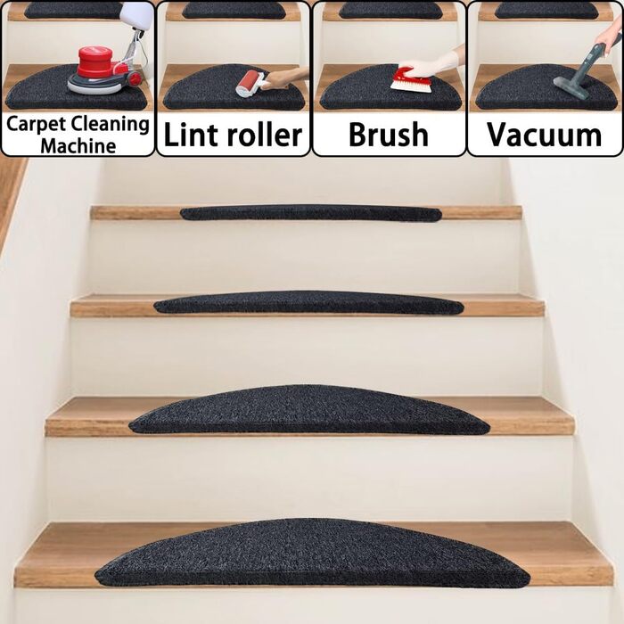 Rina Non-Slip Stair Treads - 22x65 cm - 15 Piece Set - Dark Grey Adhesive Anti-Slip Carpet for Wooden Stairs - Indoor Safety