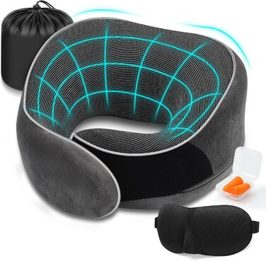 Подушка для шиї у літак, Memory Foam, для дорослих, ергономічна підтримка шиї з 3D-маскою для сну, навушниками, сумкою - ідеальна для літака, авто, дому, офісу, подушка для сну (Сірий)