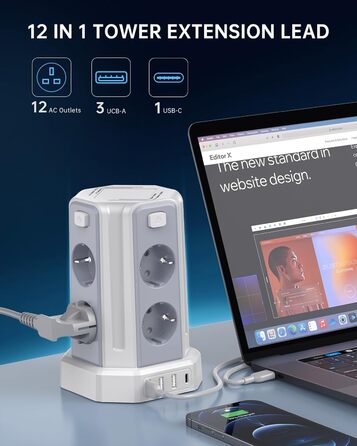 Мережевий фільтр Sameriver з 4 USB, 8 розеток, захистом від перенапруги, з вимикачем, 2м, білий
