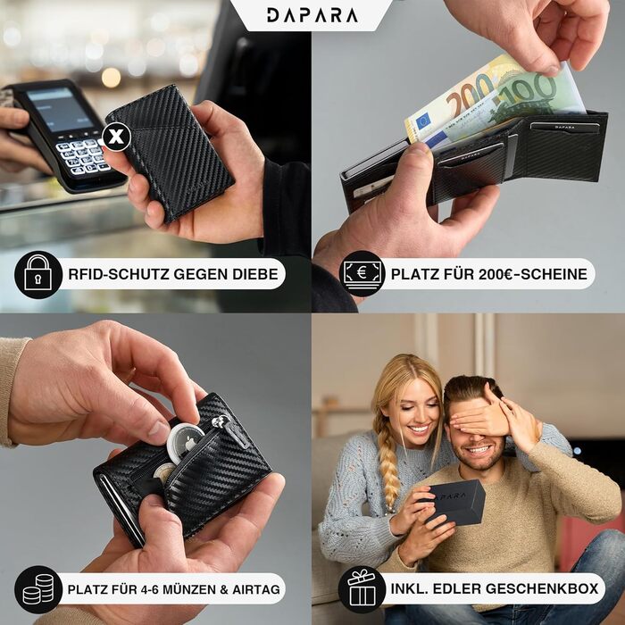 Чоловічий гаманець DAPARA: тонкий, з відділенням для монет та RFID-захистом. Містить 12 карткових слотів. Колір: Carbon Red (Carbon - Dynamic Silver)