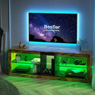 ТВ-тумба Bestier для телевізорів до 65 дюймів, 140×35×47 см, з LED-підсвіткою, кабель-менеджментом, скляною полицею, коричнева