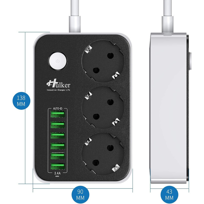 Багаторозкладна мережева панель HULKER з 3 розетками та 6 USB-портами, захист від перенапруги, 1.6 м, універсальна