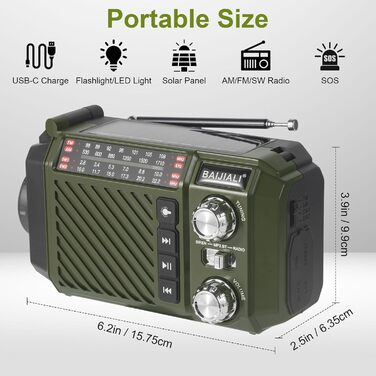 Радіо-крутилка Notfallradio з Powerbank 2600mAh, сонячною та USB-C зарядкою, AM/FM/SW приймач, LED ліхтарик та SOS-сигналом для екстрених наборів (зелене)