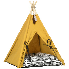 PawHut Будиночок для котів Tipi-намет, ліжко для собак з подушкою, з неслизьким покриттям, з іграшковим м'ячиком, з соснового дерева, для використання в приміщенні, жовтого кольору | Aosom