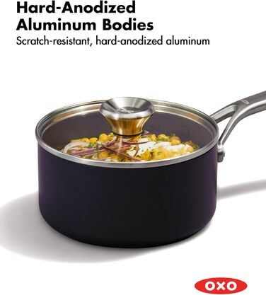 Набір кухонного посуду OXO Professionelles 5-piece з керамічним покриттям, індукційний, з нержавіючої сталі, без PFAS, діамантова обробка, для посудомийної машини (2.3QT та 1.7QT каструлі з кришками)