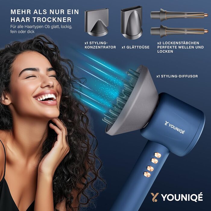 Фен YOUNIQÉ 5-в-1 з іонізацією, насадки для локонів, випрямлення, дифузор та концентратор, 1600W, LED, 4 температурні режими, магнітні насадки, ергономічний дизайн, блакитний/золотий