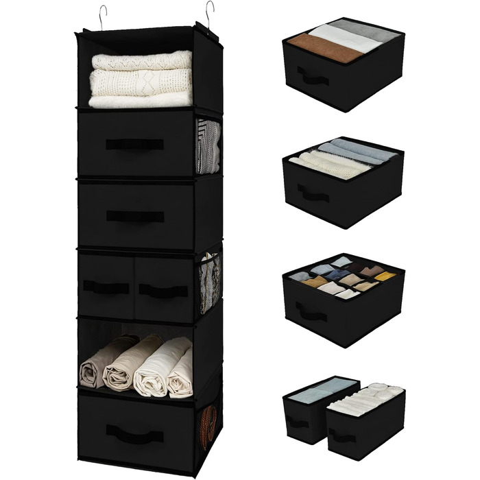 Органайзер для шафи GRANNY SAYS, підвісний, з шухлядами, 1 шт. – підвісне зберігання, полки, тканинний органайзер для спальні (чорний)