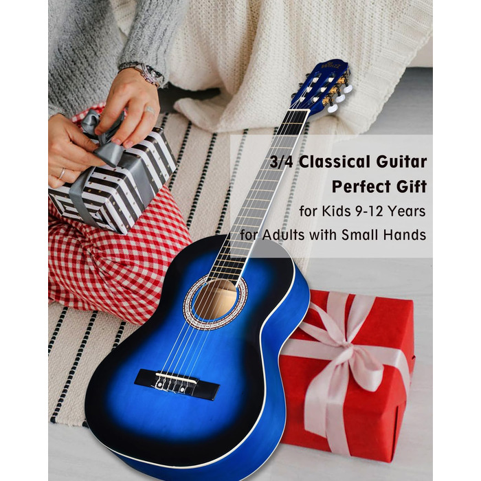 Кітара класична Winzz 4/4 для дорослих та дітей (від 11 років), чорний глянцевий, набір для початківців, 39 дюймів, блакитний (3/4)