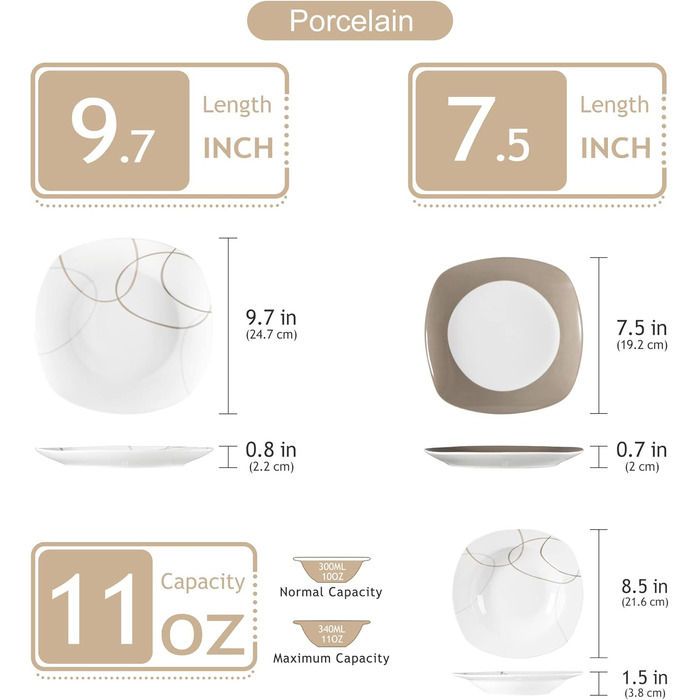 VEWEET Набір посуду 'Нікіта' з порцеляни, 24 частини | Сервіз включає миски, десертні тарілки, тарілки для їжі та супові тарілки | Посуд для 4-12 осіб