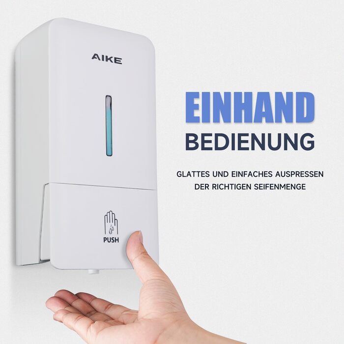 AIKE AK1006 800ML Soap Dispenser Wall Mount No Drilling, Manual Wall Soap Dispenser Made of Plastic, Liquid Soap Dispenser for Public Use, White