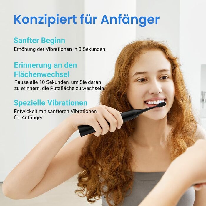 Електрична звукова зубна щітка Etekcity з 5 режимами, 6 насадок, таймер 2 хв, для дорослих та дітей, чорна преміум-модель