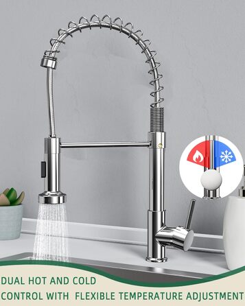 Кухонний змішувач з висувним виливом та душем, поворотний на 360°, з двома режимами розпилення, одноlever, хром