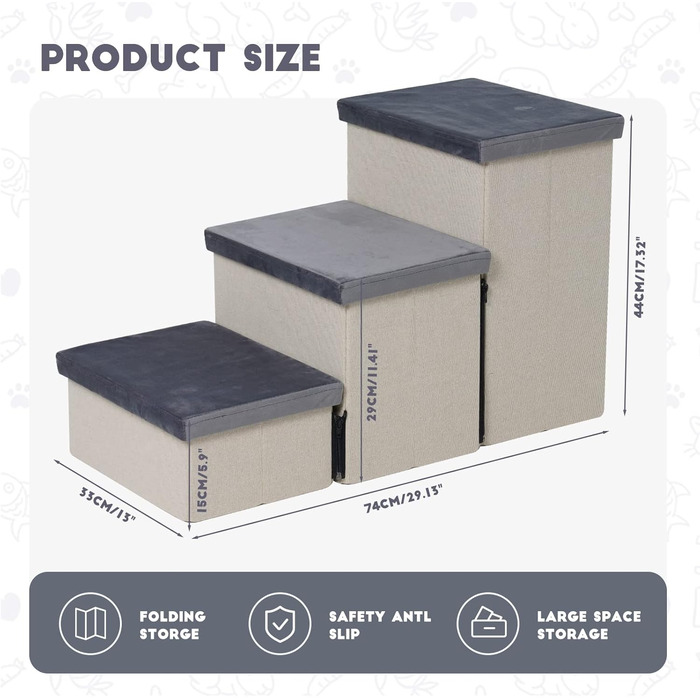HOMCENT 3-Step Pet Stairs for Dogs and Cats, Foldable Dog Stairs with Ample Storage Space, also Suitable as a Cat Stair, 74x33x44CM