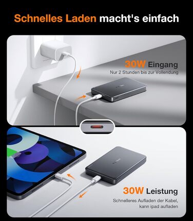 Портативний зарядний пристрій TORRAS MiniMag Qi2 з MagSafe, 10000mAh, сертифікований Qi2, магнітний, з кабелем USB-C 30W, бездротовий зарядний пристрій 15W для iPhone 17 Pro Max/Air/12-16, AirPods, сірий, титан