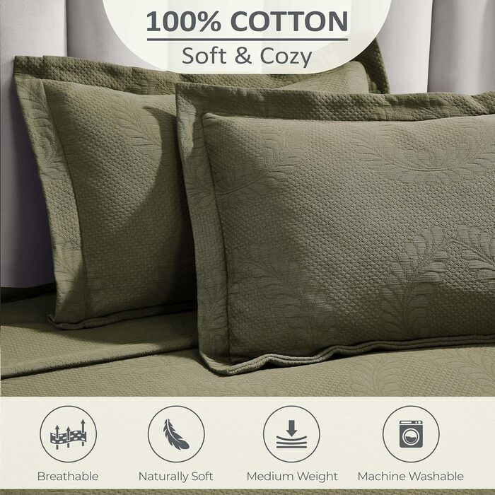 Комплект покривала на ліжко з жаккарда з квітковим орнаментом Fleur de Lis, 100% бавовна, розмір Queen, оливковий зелений