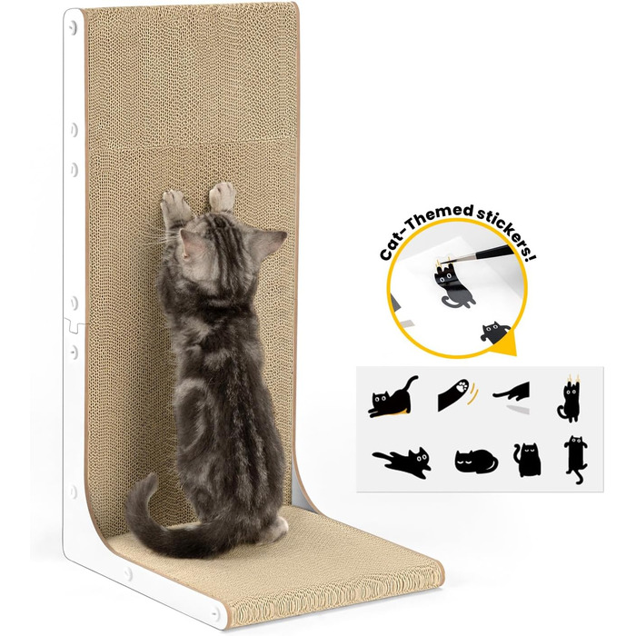 Кігтеточка для котів з коробкою та 4 змінними шарами з картону - великі кігтешні меблі з міцного гофрокартону, двосторонні шари з картону з наклейками DIY - лежанка для котів у квартирі, захист меблів. Велика коробка для котів + 4 кігтешні стовпчики + нак