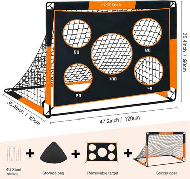 TTCB Sports 2-in-1 Kids Soccer Goal - 5 Target Areas, Pop-Up Soccer Goal Net with Carry Bag, Ideal for Soccer Training & Gifts for Boys - Orange, 150x120x120cm