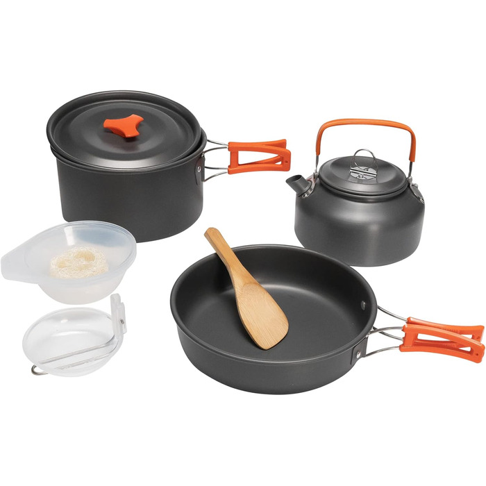 Набір кухонного посуду Grafner Premium Camping 11-ти частинний: стабільний алюміній з антипригарним покриттям, компактний, з розкладними ручками. Ідеально для кемпінгу, пікніків та подорожей на авто. Включає котел, сковорідку, чайник та інше.