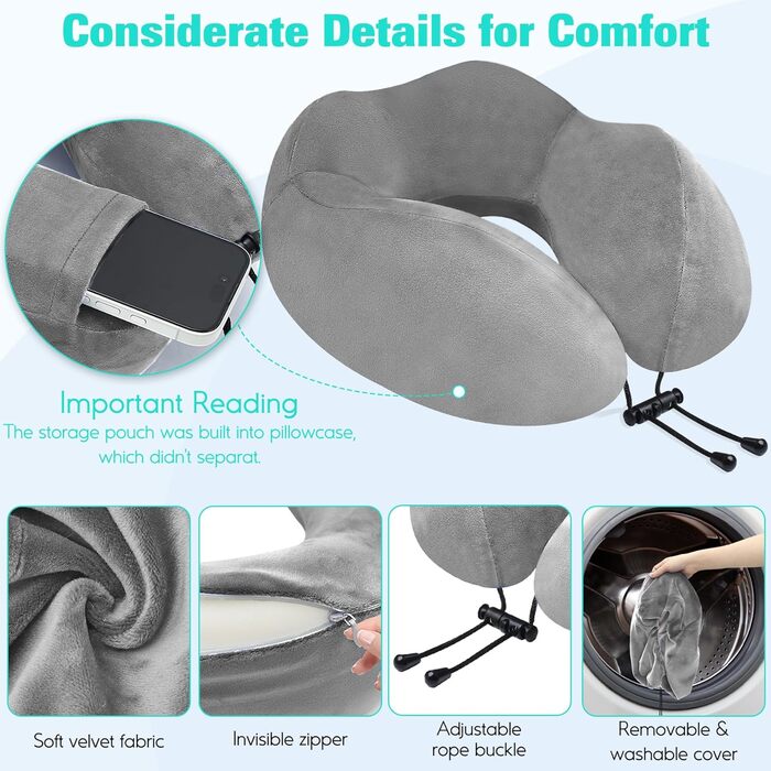 Подушка для шиї у вигляді звірка, Memory Foam, для дорослих, з маскою для сну та берушами, для подорожей, літака, офісу, авто, поїзда (Сіра)