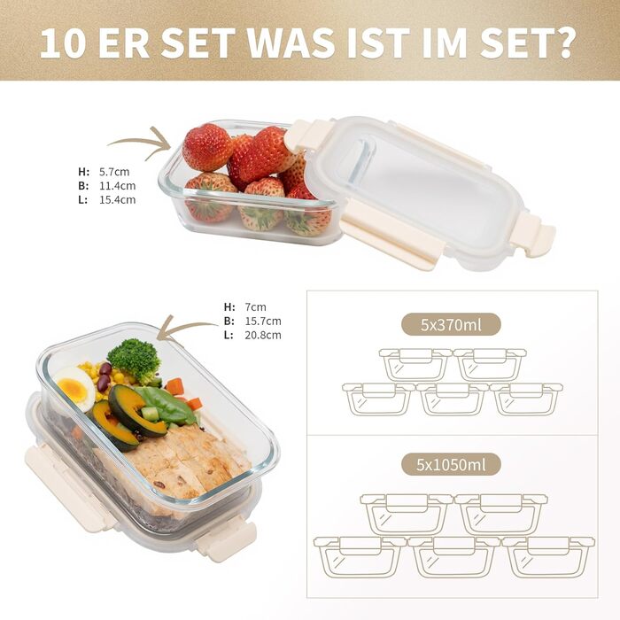 Набір контейнерів для зберігання продуктів FE1537-cremig (20 шт.): з кришкою, для холодильника, морозильника, мийки, витокостійкий, сучасний