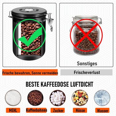 Герметичний контейнер для кави 1 кг: нержавіюча сталь, вікно, датчик дати, мірна ложка 30 мл, CO₂-вентиль, для кавових зерен, чаю, цукру
