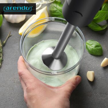 Блендер Arendo Stabmixer з нержавіючої сталі 1500 Вт, комплект - ручний блендер, плавна регулювання швидкості, турбо-режим, ніж з 4 лопатями, мірний стакан 800 мл, вінчик (потужність 1200 Вт)