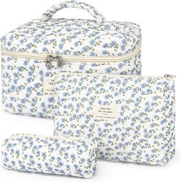 Набір косметичок для жінок: 3 шт. (великі та маленькі) - косметичка, сумочка для макіяжу, органайзер для подорожей (блакитний з квітами)