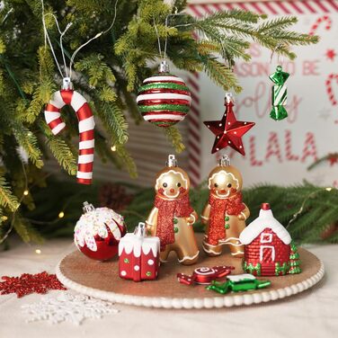 Набір прикрас на ялинку Shareconn 65 шт. з пластику, міцні ялинкові кулі з мотузкою, різного розміру та дизайну, декор для ялинки, червоний та білий (червоний, зелений, білий)