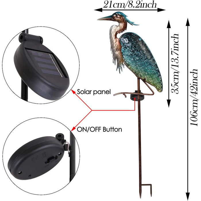 TERESA'S COLLECTIONS Solar Lamps for Outdoors, Outdoor Garden Decor, Grey Heron Garden Statue Solar Light for Outdoors, Metal and Glass Garden Light Waterproof Path Light, for Christmas Gifts