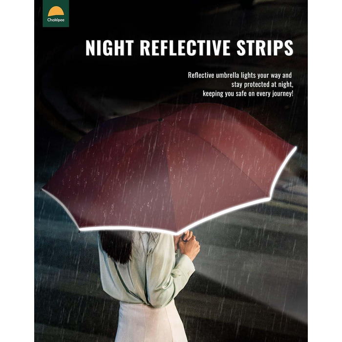 Чакіпі Парасолька велика, стійка до вітру, з відбиваючим покриттям для чоловіків та жінок – автоматичний парасолька-тростина, компактний, для подорожей, 210T покриття, промінь 106 см (Вишневий)