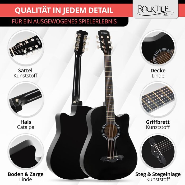 Rocktile WSD-5C-BK: Акустична гітара Western Slim Line - Комплект з чохлом, струнами, ременем та медіатором (Чорний)